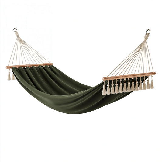 Hängematte 300 x 150 cm Baumwollgewebe Grün mit Holzstäben Boho Stil