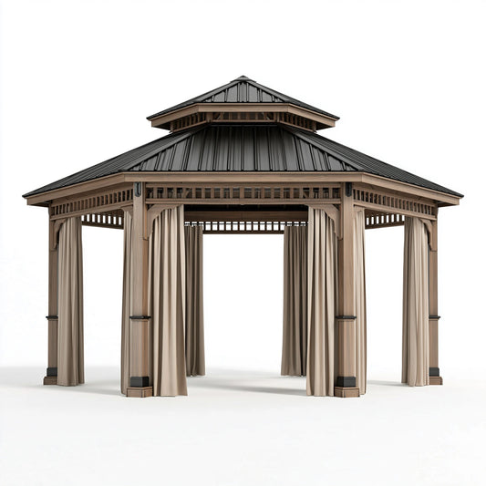 Gartenpavillon 400 x 400 x 330 cm Holzoptik Braun mit Stahlblechdach und Vorhängen