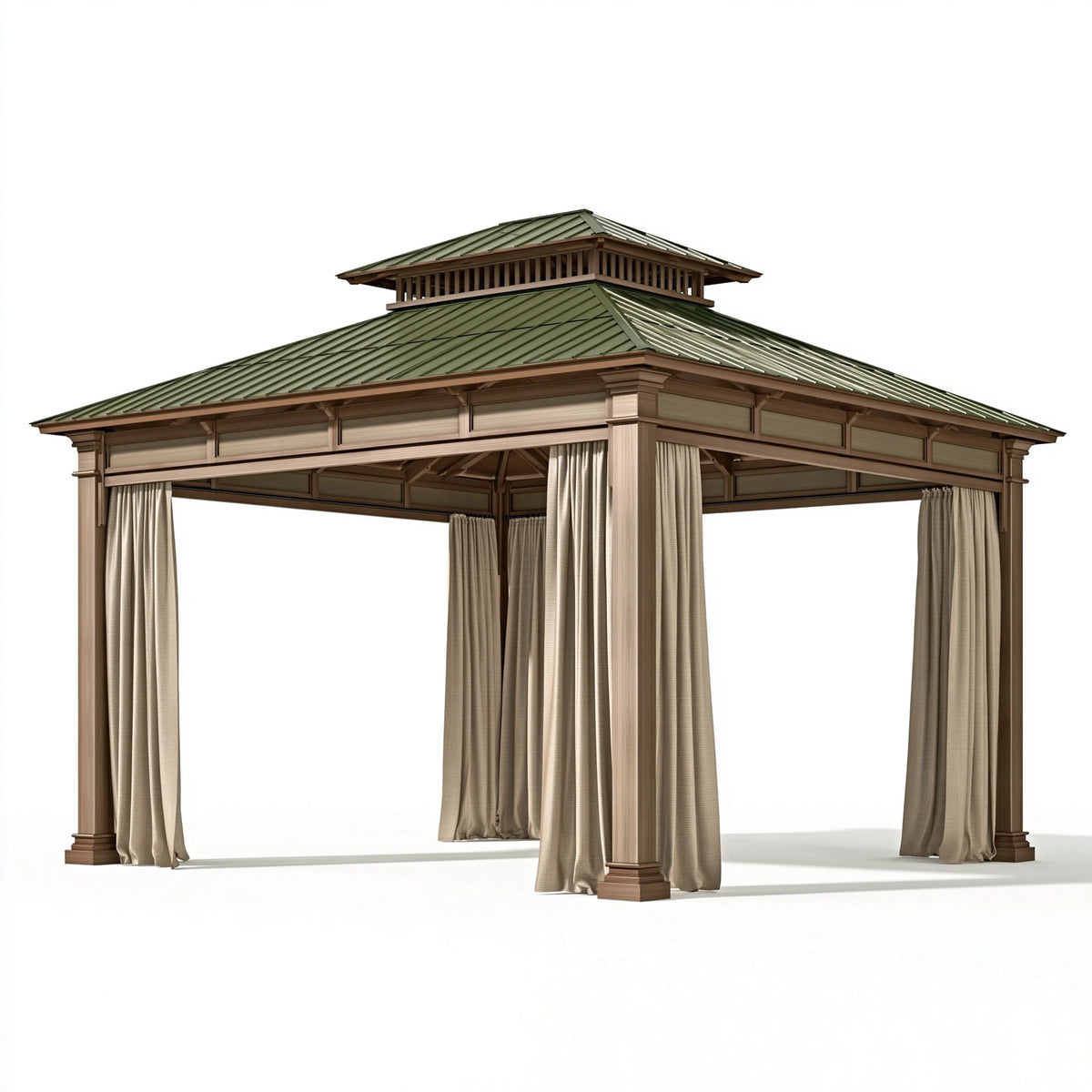 Gartenpavillon 400 x 400 x 320 cm Holz Metall Grün Braun mit Vorhängen