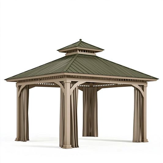 Gartenpavillon 400 x 400 x 320 cm Holz Metall Beige Grün mit Vorhängen und Doppeldach