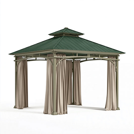 Gartenpavillon 300 x 300 x 300 cm Metall Grün mit Vorhängen - überdachter Outdoor Pavillon
