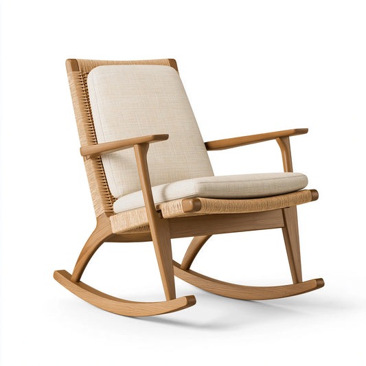 Schaukelstuhl 70 x 90 x 100 cm aus Holz und Rattan in Natur Beige mit Polsterung