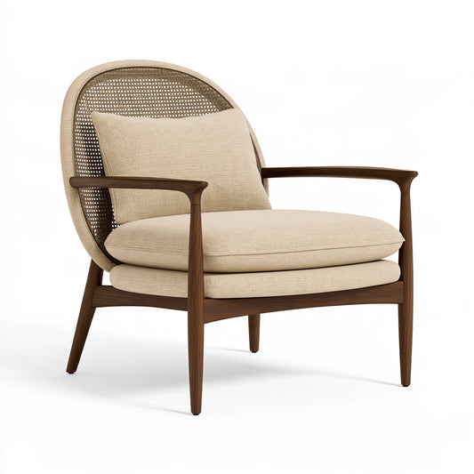 Sessel 76 x 82 x 90 cm aus Holz Rattangeflecht und Textil in Beige Braun - skandinavischer Loungesessel mit Armlehnen