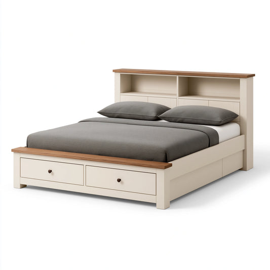 Stauraumbett 160 x 200 cm Holzwerkstoff Cremebraun mit Regal Kopfteil und Schubladen