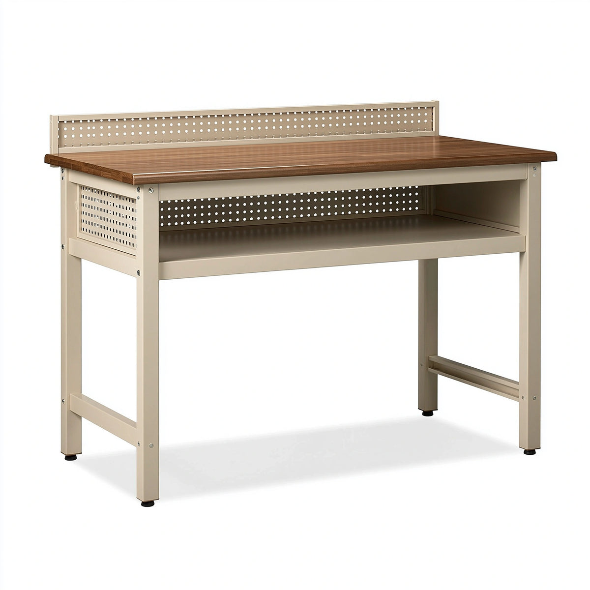 Werkbank 120 x 60 x 95 cm aus Metall und Holz in Beige Braun mit Lochwand und Ablage