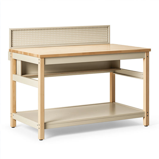 Werkbank 120 x 60 x 160 cm aus Holz und Metall in Natur/Beige mit Lochwand und Ablagen