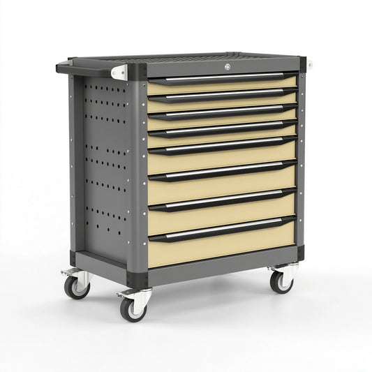 Werkzeugwagen 76 x 46 x 98 cm aus Stahl in Schwarz Beige mit 7 Schubladen und Rollen