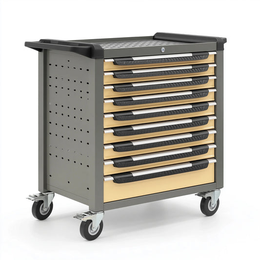Werkstattwagen 77 x 46 x 97 cm aus Stahl in Grau Beige mit 8 Schubladen und Rollen