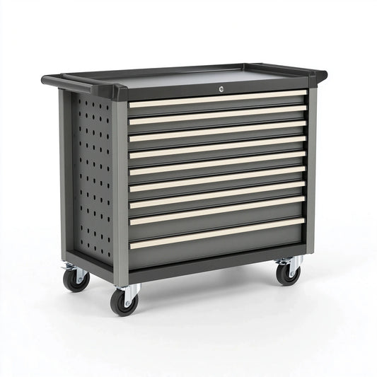 Werkzeugwagen 77 x 46 x 97 cm aus Stahl in Schwarz mit 8 Schubladen und Rollen