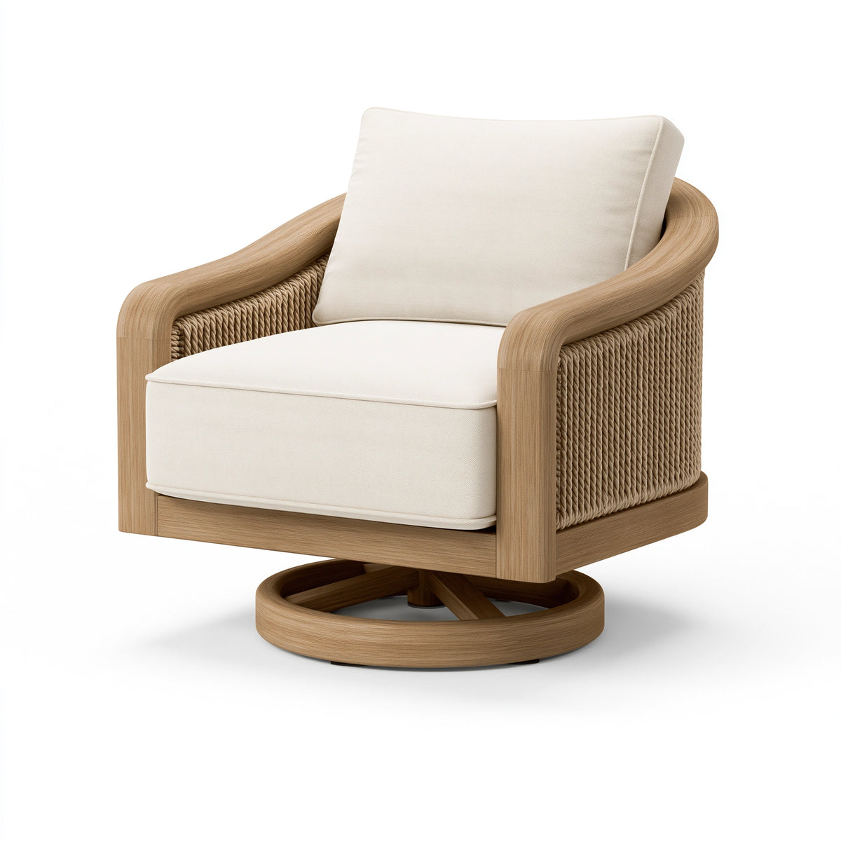 Drehsessel 80 x 78 x 86 cm aus Holz Seilgeflecht und Stoff in Naturweiß - moderner Loungesessel